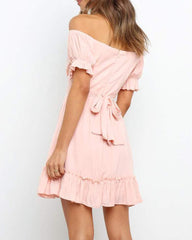 Solid Color Off Shoulder Ruffle Hem Short Sleeve Mini Dress
