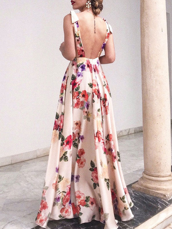 White V Neck Backless Floral Chiffon Boho Summer Maxi Dress
