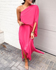 Solid One Shoulder Slit Dress