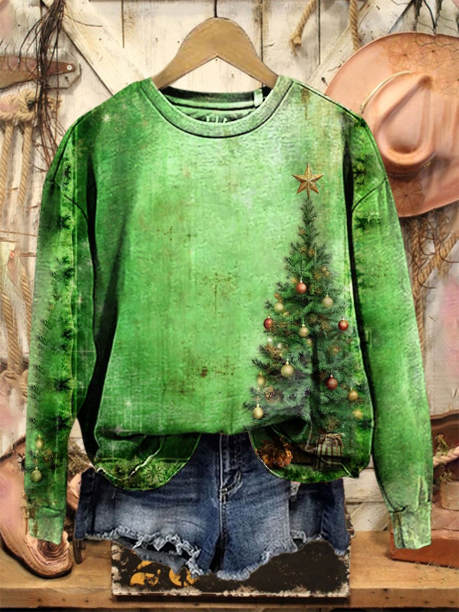 Vintage Christmas Tree  Print Casual Sweatshirt