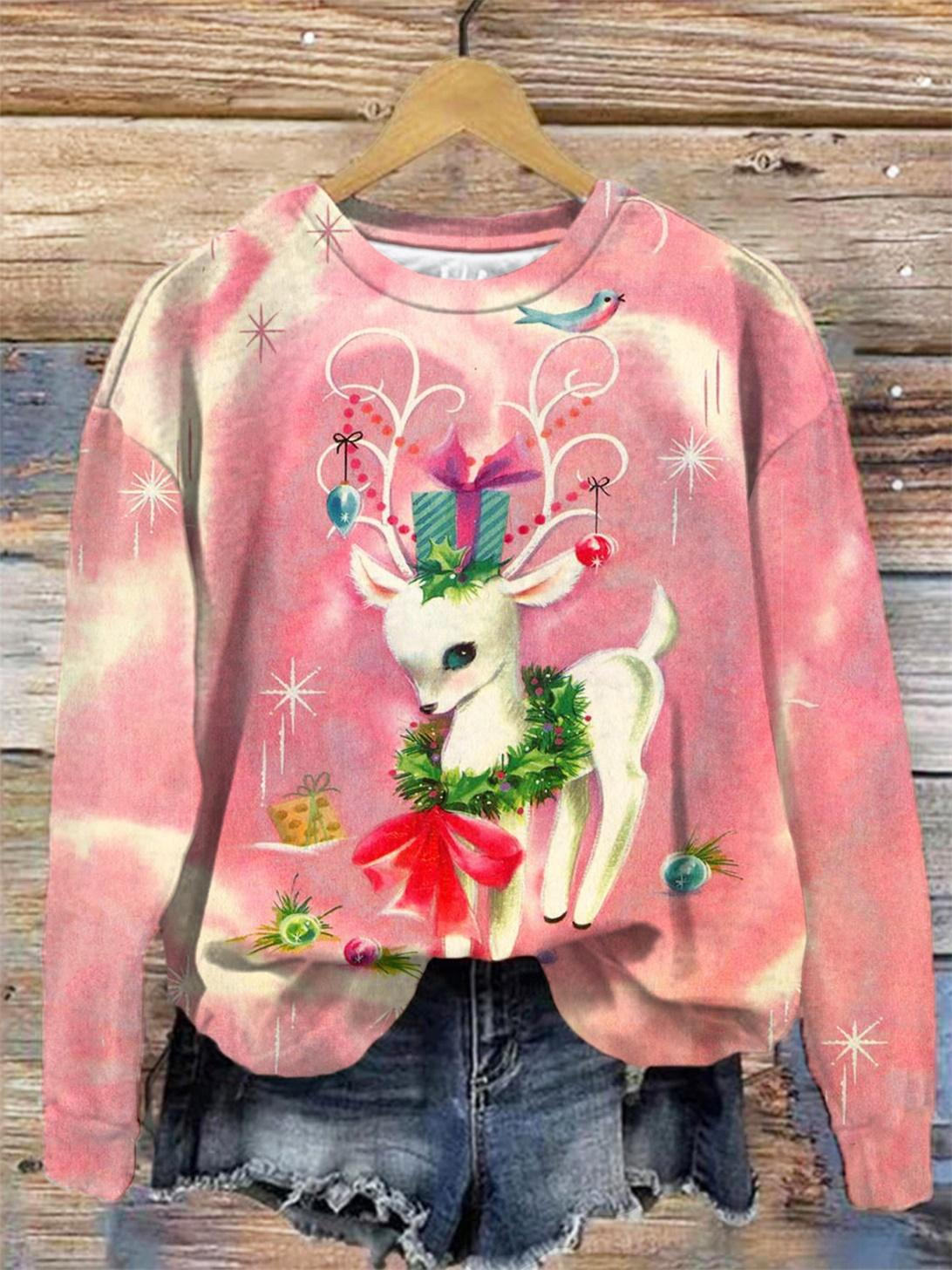 Retro Pink Reindeer Print Crew Neck Top