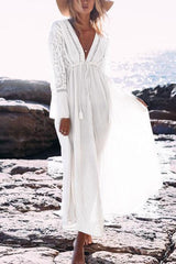 White Plunge Lace Drawstring Boho Beach Cover Up Maxi Dress