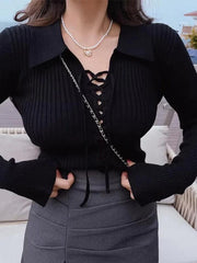 Solid Drawstring Tie Front Lapel Neck Ribbed Sweater