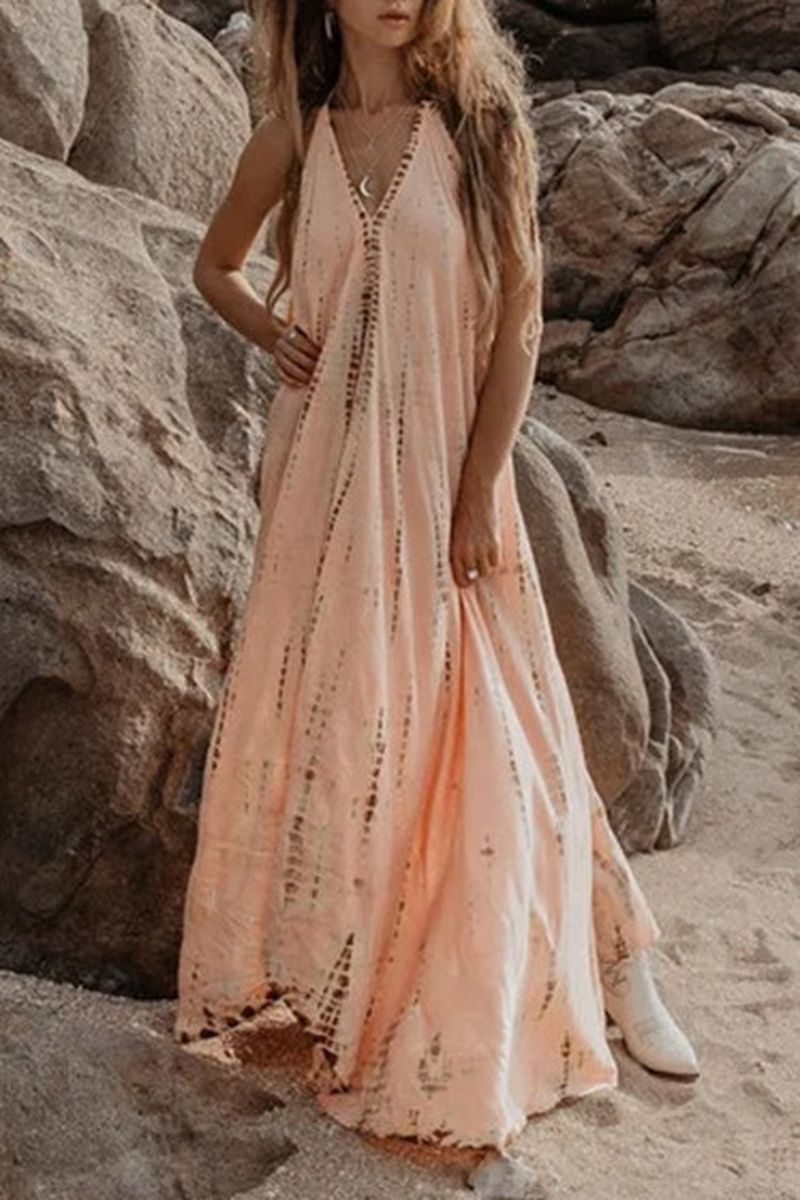 Allover Print Backless Halter Maxi Dress