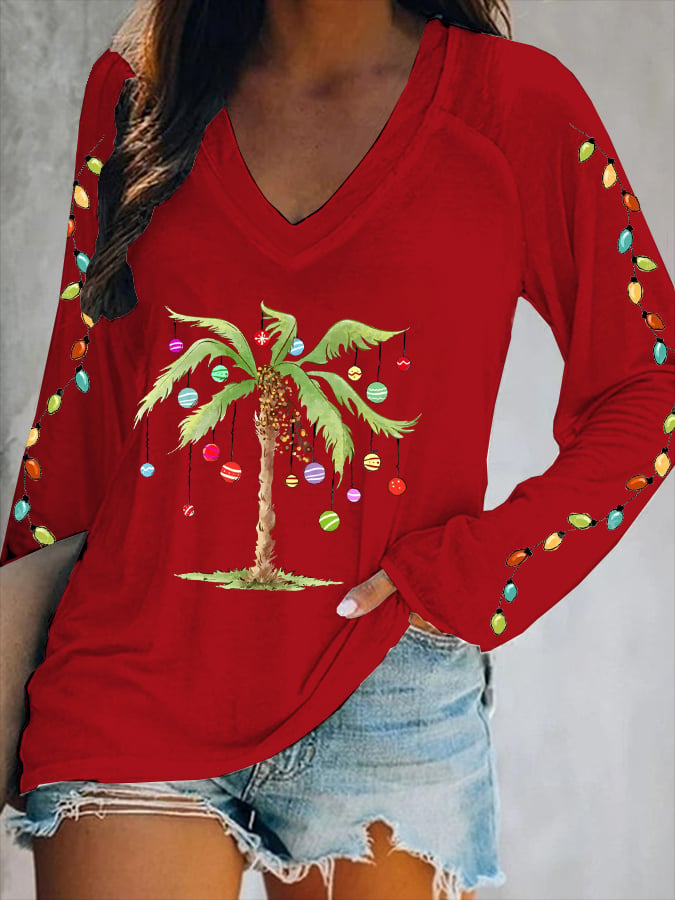 Christmas Palm Tree Print V-Neck T-Shirt