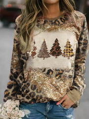 Christmas Tree Leopard Print Casual Sweatshirt