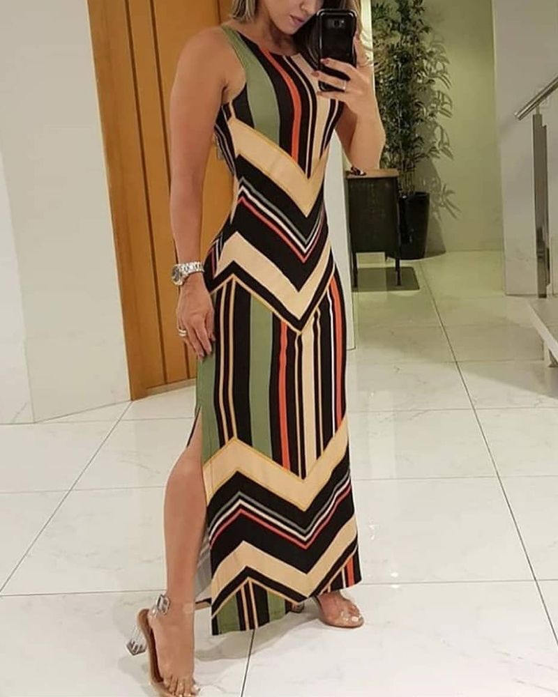 Colorblock Chevron Pattern Slit Sleeveless Bodycon Dress