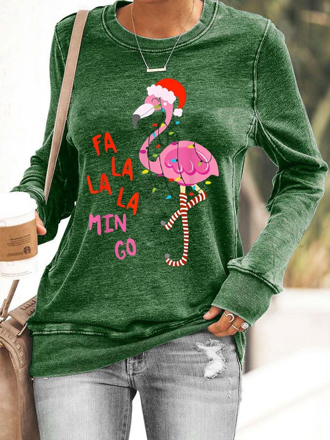 Christmas Flamingo Print Sweatshirt