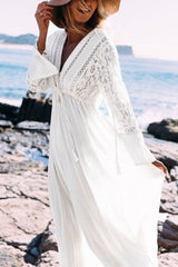 White Plunge Lace Drawstring Boho Beach Cover Up Maxi Dress