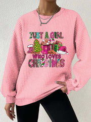 Just A Girl Who Loves Christmas Print Waffle Sweatshirt