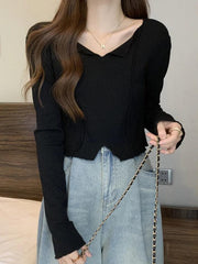 Solid V Neck Slit Hem Long Sleeve Knit