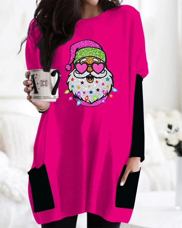 Pink Sparkly Santa Color Block Casual Midi Top