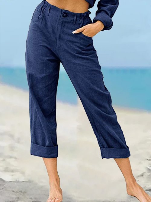 Solid Color Fashion Loose High Waist Casual Cotton Linen Trousers