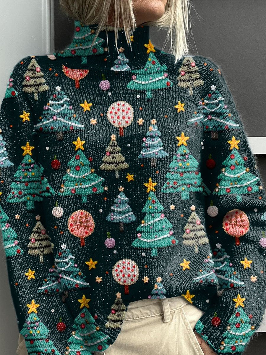 Lovely Christmas Tree Art Print Knit Turtleneck Pullover Sweater