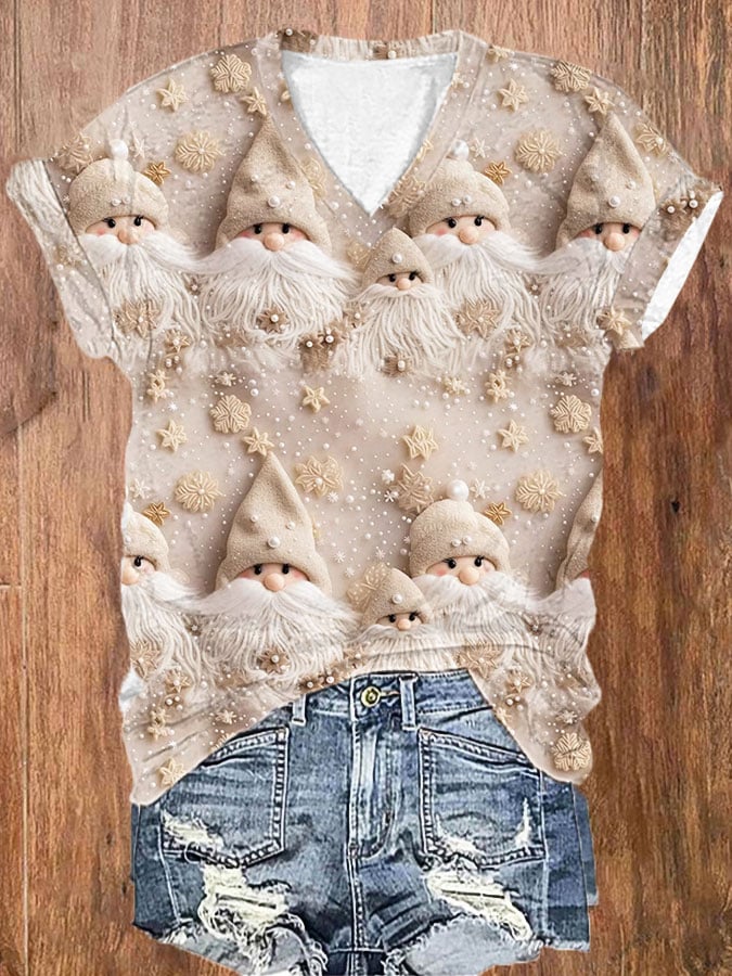 Women's Beige Winter Snow Christmas Gnomes Print Casual V-Neck Tee