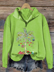 Christmas Palm Tree Print Long Sleeve Zip Sweater