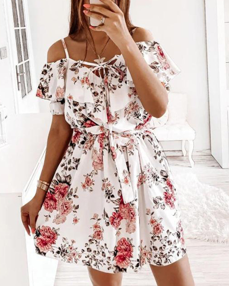 Floral Print Tie Front Ruffle Trim Belted Cold Shoulder Dress