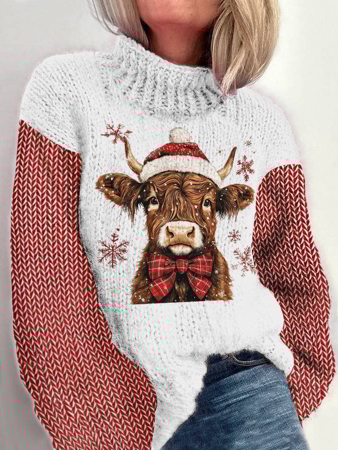 Christmas Highland Cow Print Knitted Turtleneck Jumper