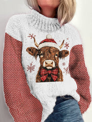 Christmas Highland Cow Print Knitted Turtleneck Jumper