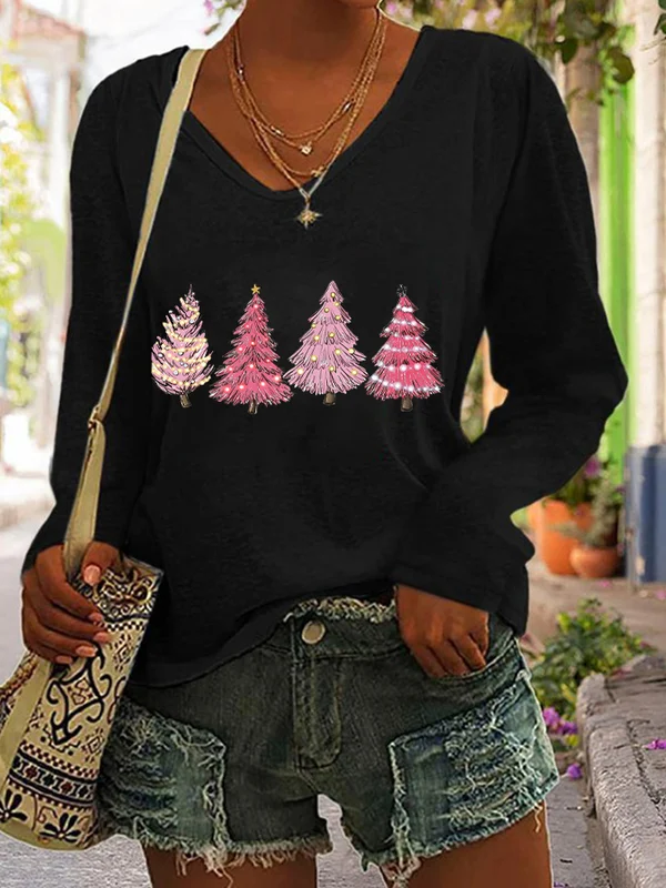 🔥Pink Christmas Tree Print V-Neck Long Sleeve T-Shirt