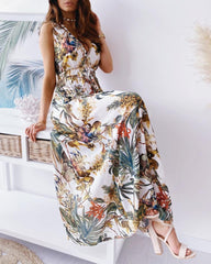 Tropical Print Tied Detail Cutout Back Maxi Dress