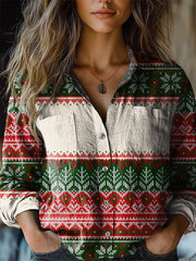 Christmas Knit Stitch Pattern Printed Casual Long Sleeve Comfortable Cotton Shirt