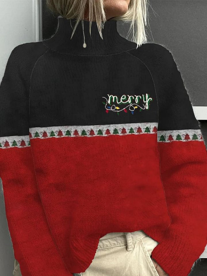Merry Christmas Print Casual Turtleneck Top