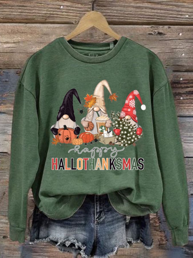 Hallothanksmas Gnome Print Crew Neck Sweatshirt