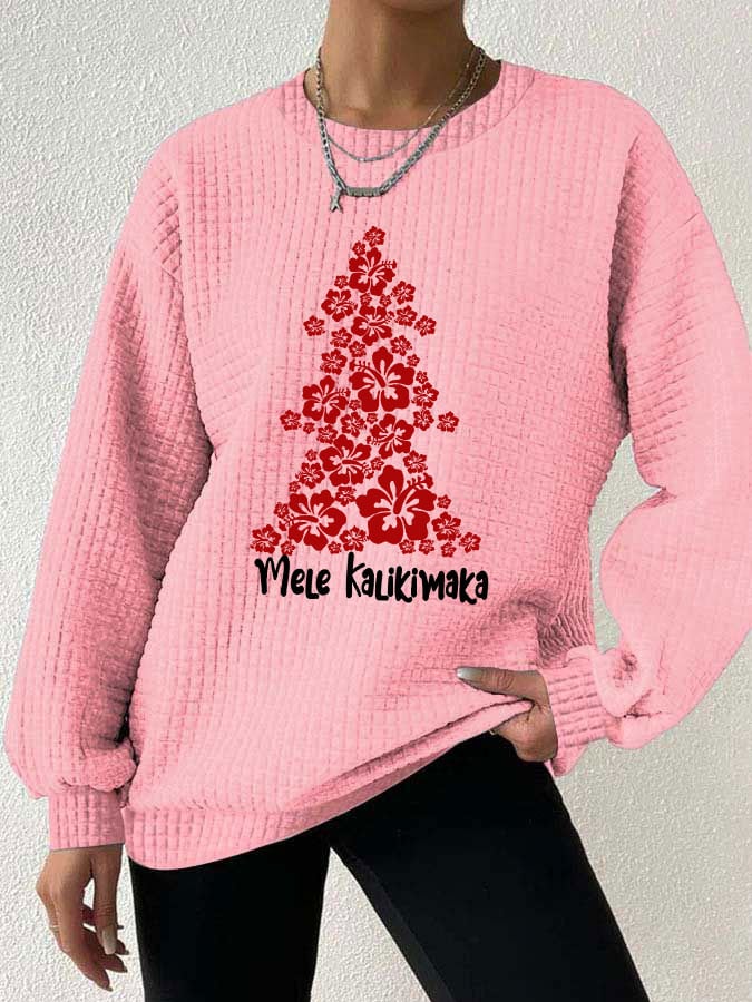 Hawaiian Hibiscus Christmas Tree "Mele Kalikimaka" Print Waffle Sweatshirt
