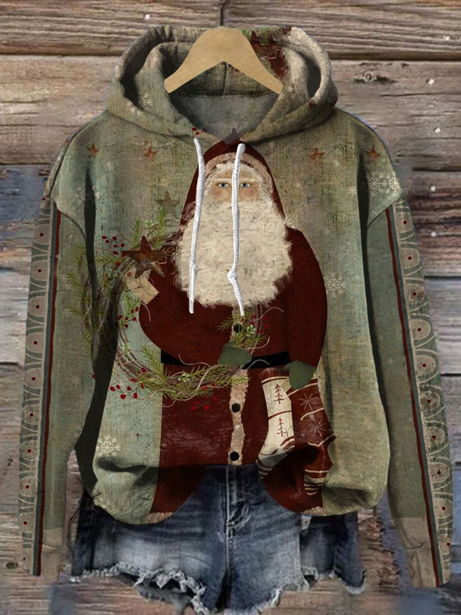 Vintage Christmas  Santa Print Casual Hoodie Sweatshirt