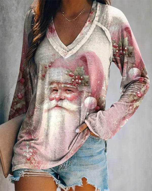 Retro Pink Santa Claus Print V-neck Top