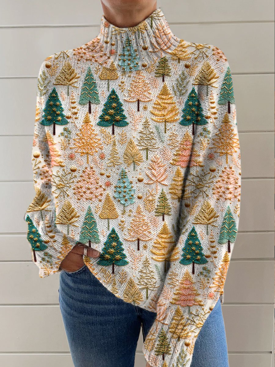 Lovely Christmas Tree Art Print Knit Turtleneck Pullover Sweater