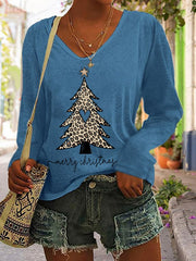 Christmas Leopard Christmas Tree Print V-Neck Long Sleeve T-Shirt