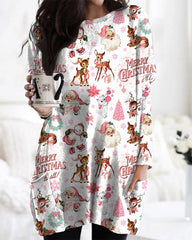 Retro Pink Christmas Print Crew Neck Midi Top