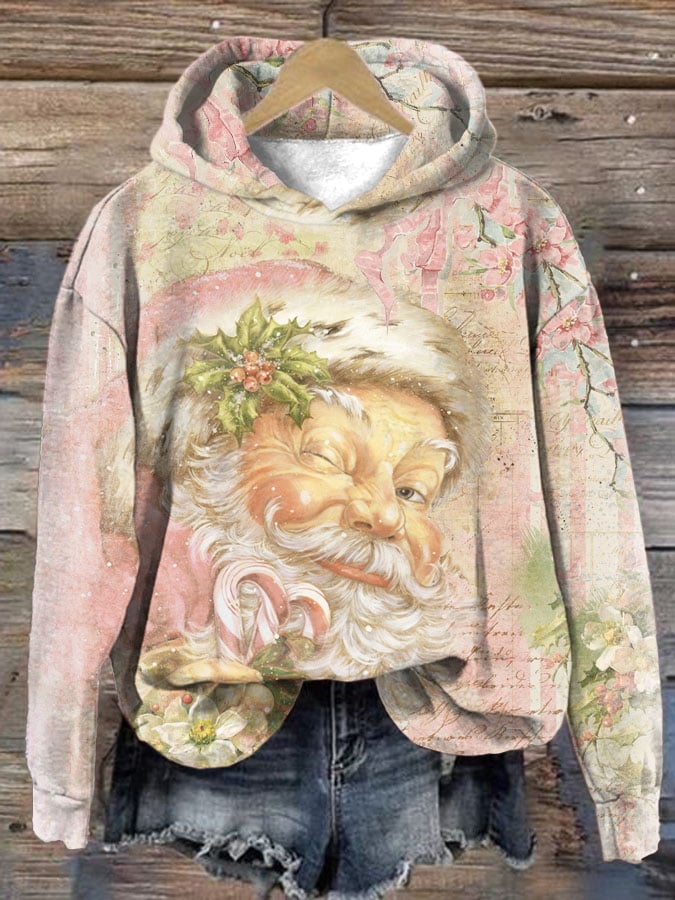 Pink Vintage Santa Claus Print Casual Hoodie