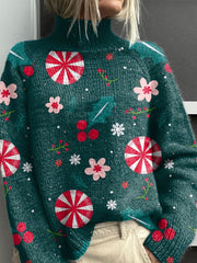 Green Christmas Candy Christmas Print Knit Turtleneck Pullover Sweater