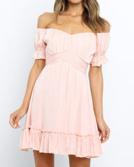 Solid Color Off Shoulder Ruffle Hem Short Sleeve Mini Dress