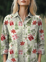 Lovely Christmas Tree Pattern Printed Casual Cotton And Linen Shirt