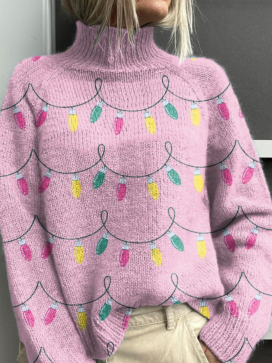 Pink Christmas Lights Christmas Print Knit Turtleneck Pullover Sweater