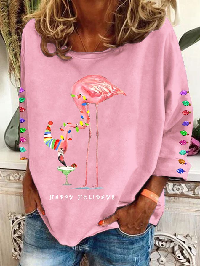 Christmas Colorful Lights Flamingo Holiday Long-Sleeve Top