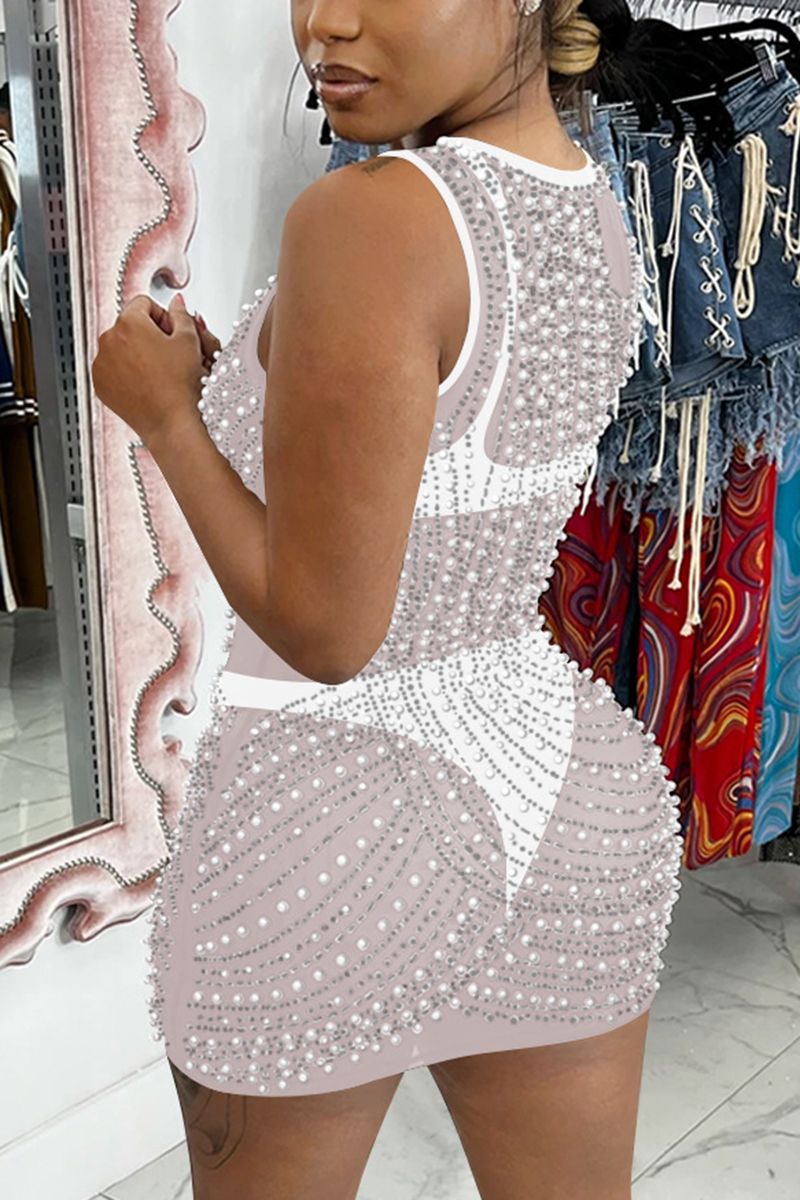 Contrast Mesh Rhinestone & Faux Pearls Decor Bodycon Dress