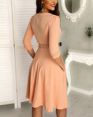 Solid Zipper Up Belted Pleated Casual Dress