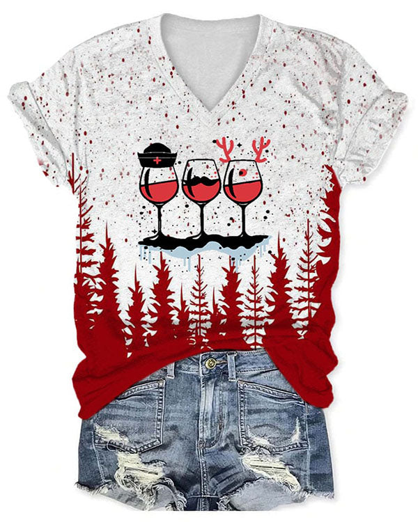 Christmas Wine Glass Print V-Neck Casual Top