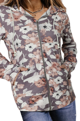 Floral Pocketed Zip-Up Drawstring Hoodie