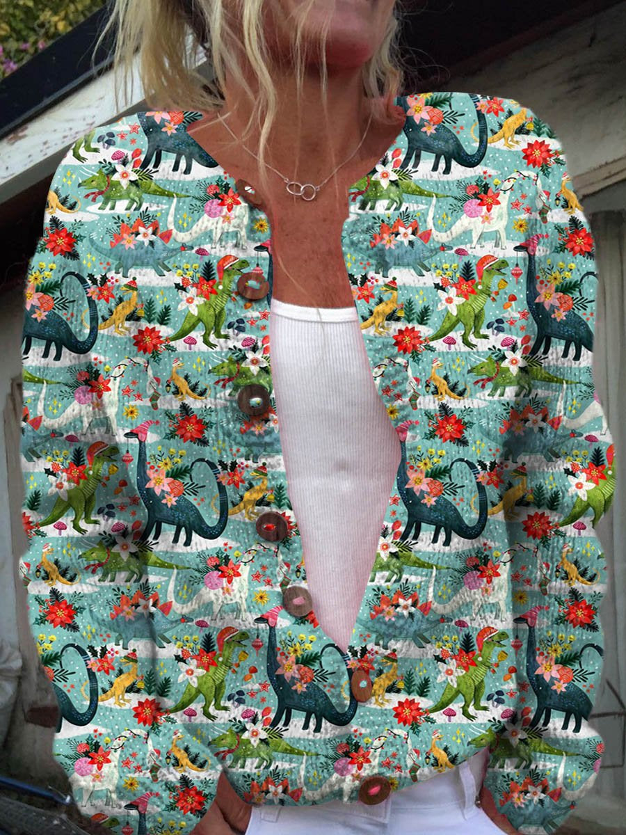 Lovely Christmas Floral Dinosaur Art Print Buttoned Cardigan Sweater