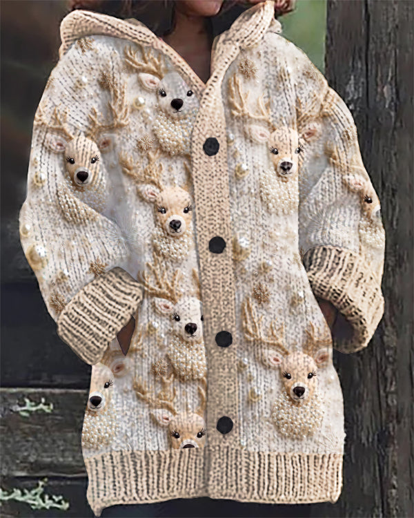 Christmas Elk Embroidery Print Casual Hooded Cardigan