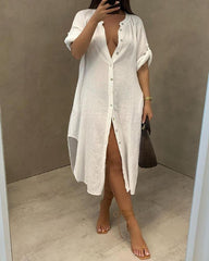 Plain Button Design Long Sleeve Dress