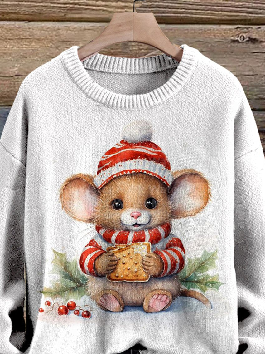 Christmas And Watercolor Mouse Graphic Printed Knit Pullover Sweater