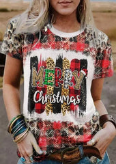 Merry Christmas Leopard Plaid Bleached Printed T-Shirt