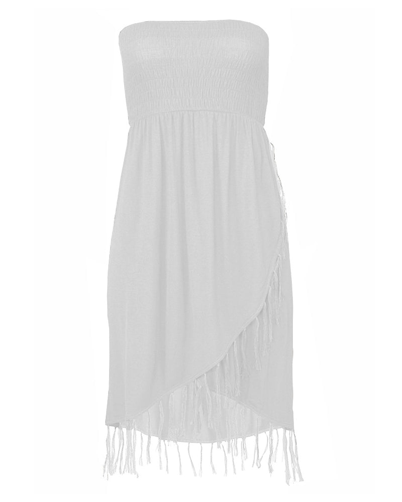 Shirred Panel Fringe Hem Strapless Dress